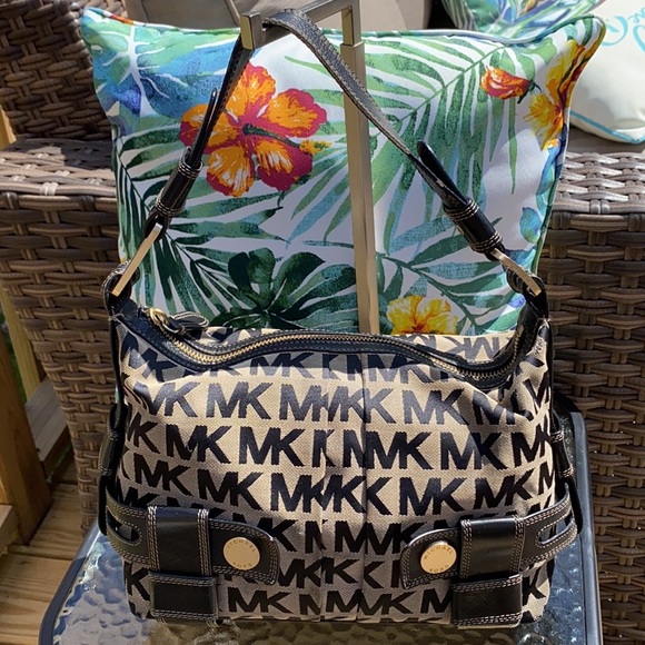 Michael Kors Brown MK Canvas & Leather Hobo Bag - Picture 1 of 14